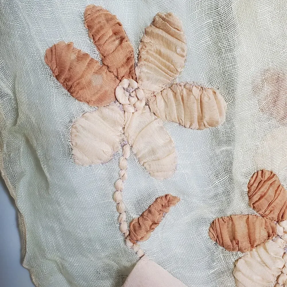 Unique Whimsical Linen Gauze Floral Applique Fringe Sheer Scarf Ethereal Earthy